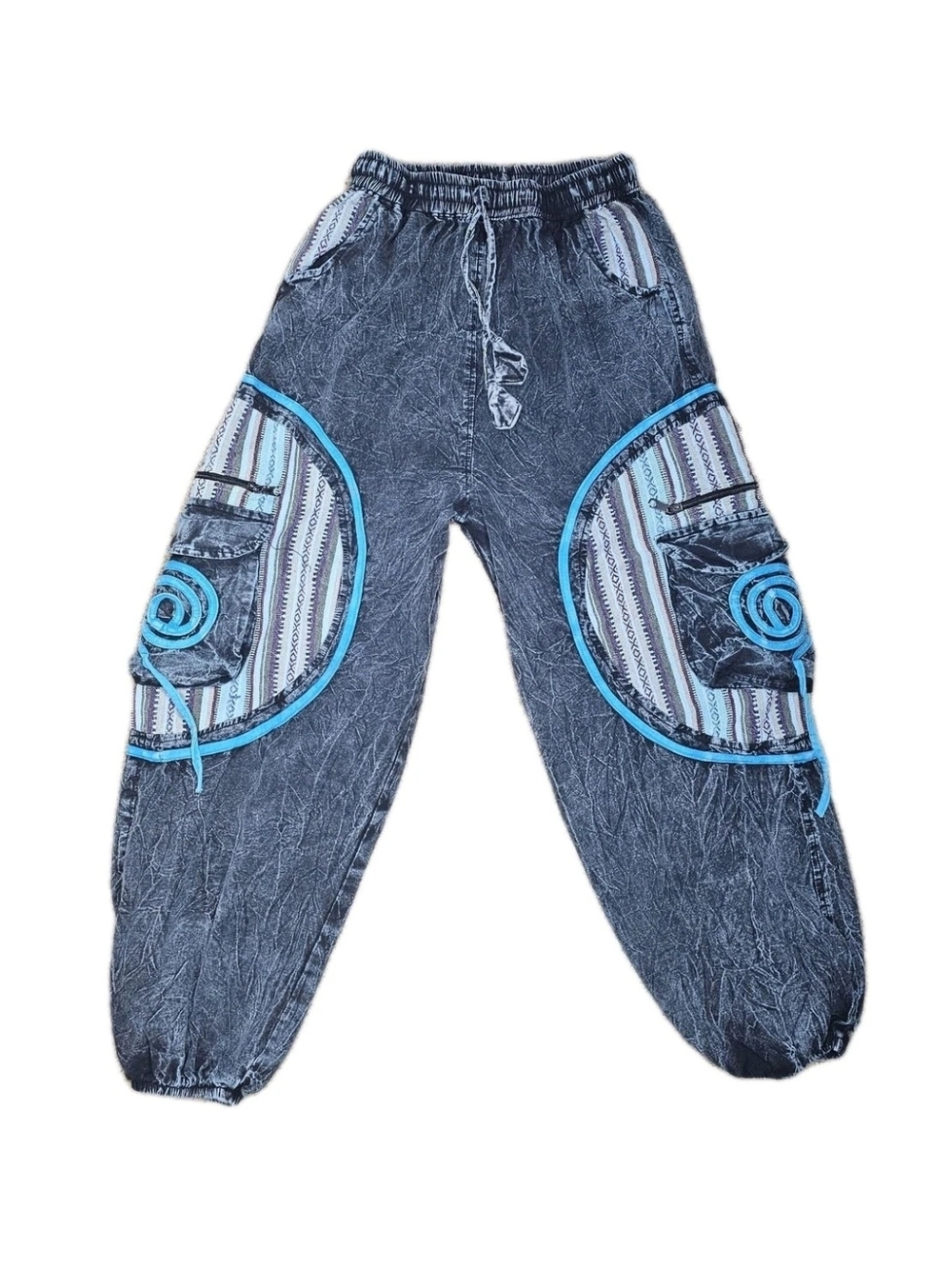 Handcrafted Boho Patchwork Cargo Pants in Washed Black with Aqua Trim